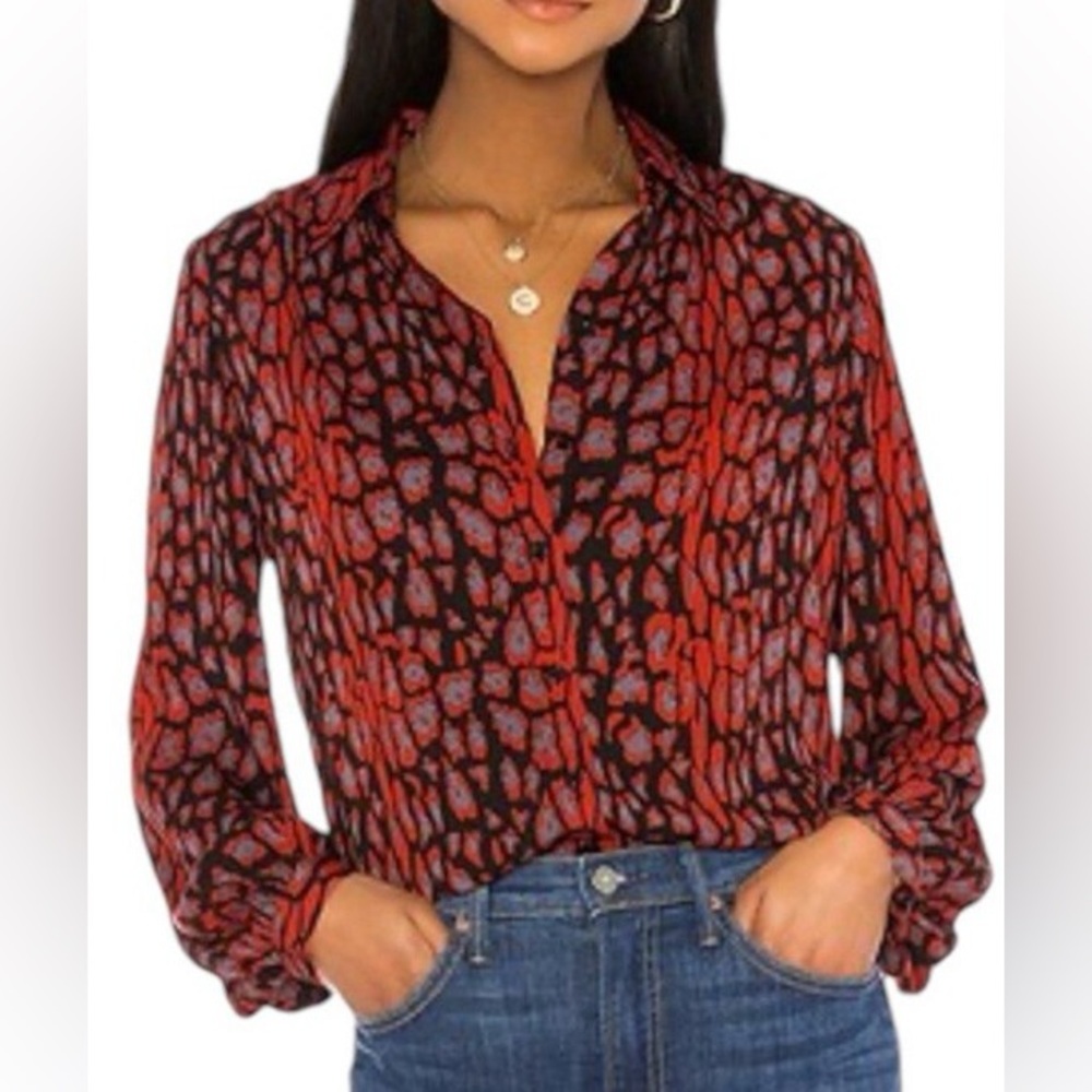 Bardot Red Black Leopard Print Button Down Blouse Long Sleeve Size Small